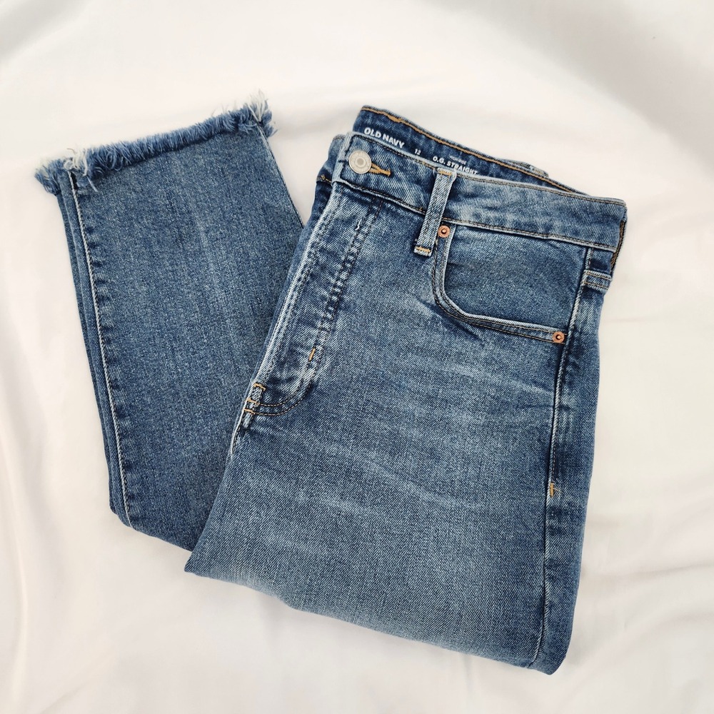 Old Navy Women OG Straight Jeans Size 12 Medium Wash Denim High Rise Button Fly - Picture 1 of 7